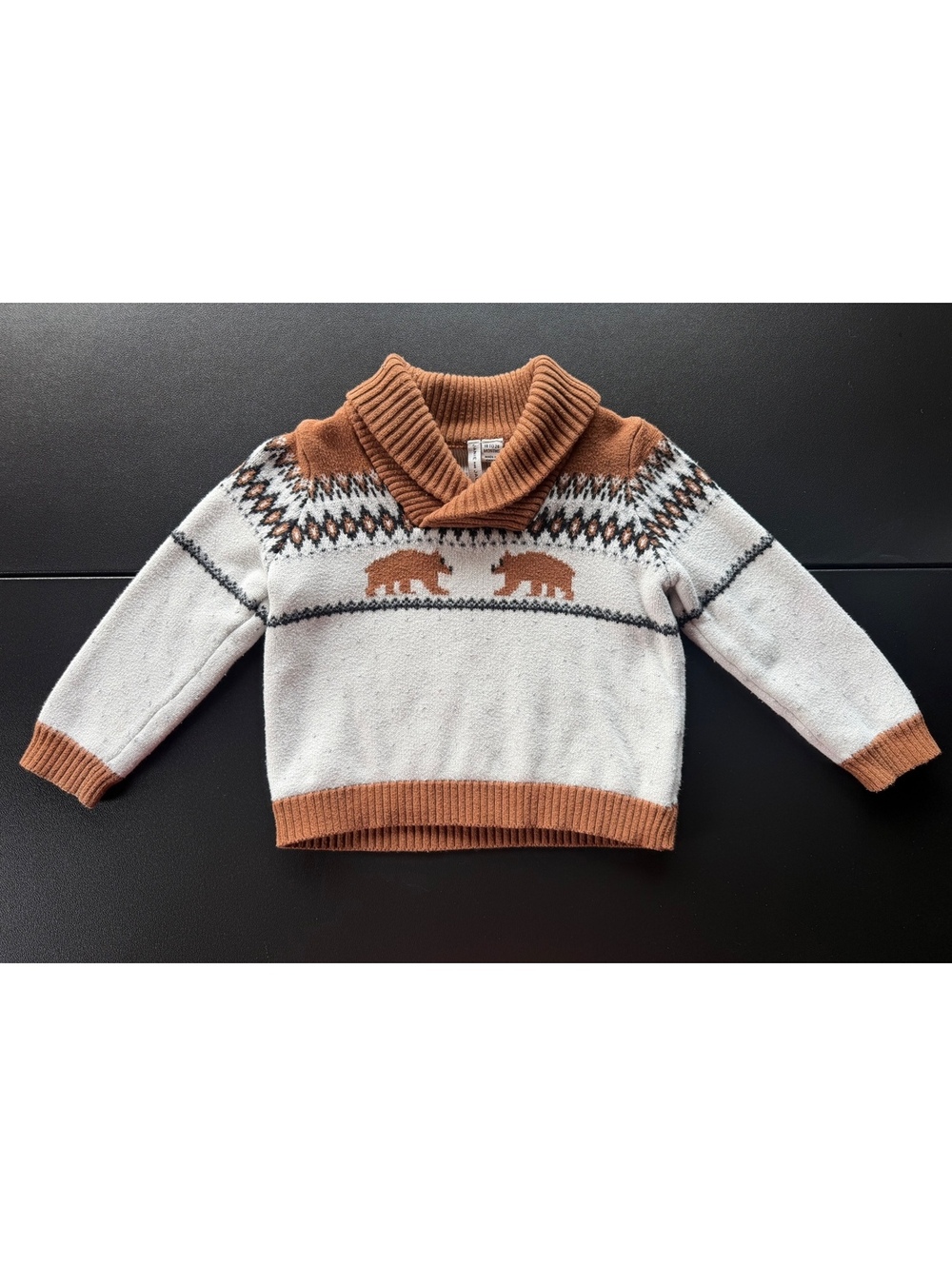 Janie and Jack Bear Fair Isle Shawl Collar Sweater 18-24M Brown Ivory
